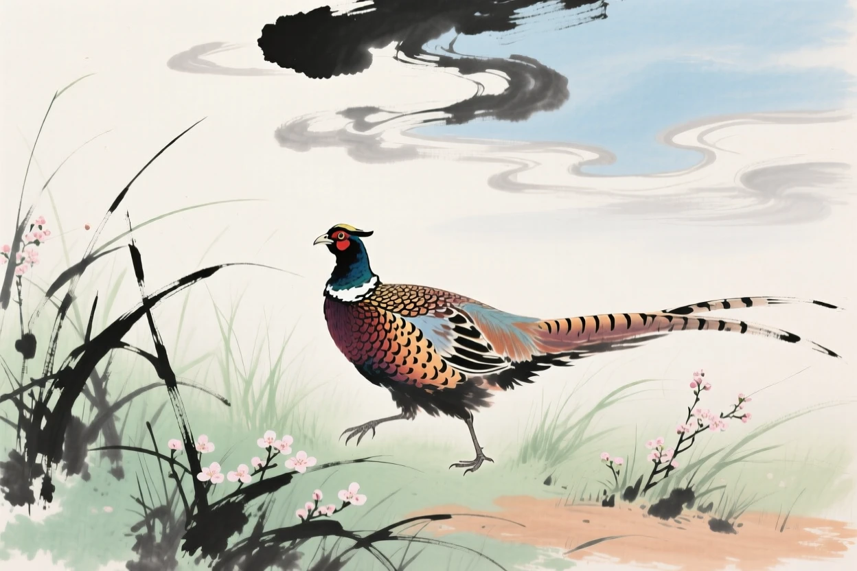 A pheasant with brilliant plumage stepping through tall grass, under drifting clouds, as spring blossoms unfold, through a light drifting mist.