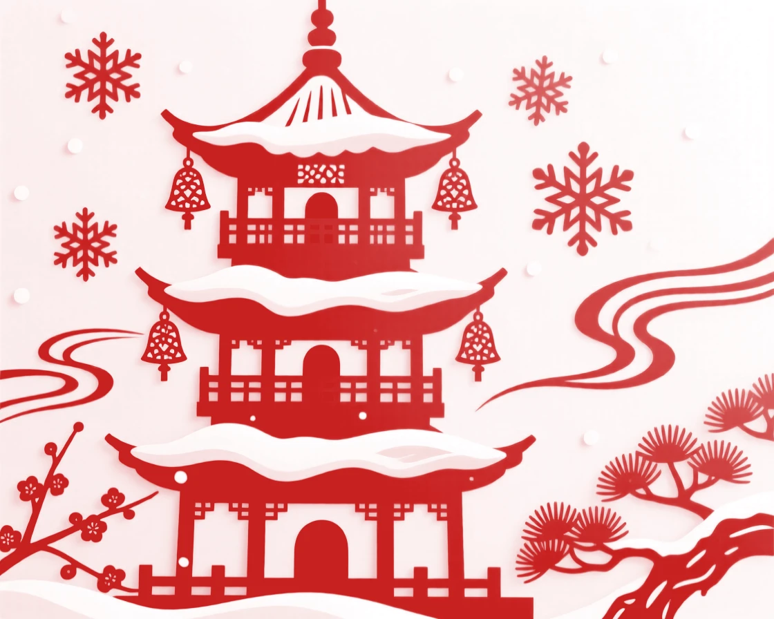 A pagoda, under a blanket of fresh winter snow, its rooftop bells chiming softly in the breeze.