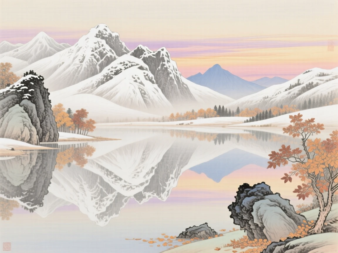 Snow-capped mountains reflected in a still autumn lake, beneath a sky streaked with the colors of early morning