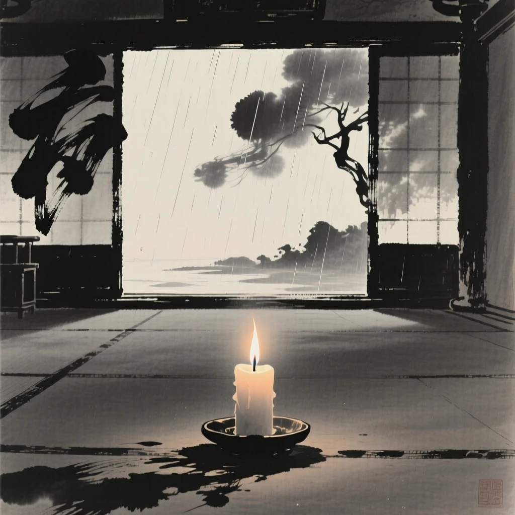 A solitary candle flickering in a dim temple hall as gentle rain falls in the distance, composed with vast open space to emphasize solitude, carrying a hushed, contemplative silence.
