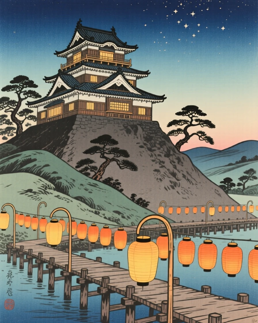 An ancient hilltop castle lit with lanterns along wooden piers.