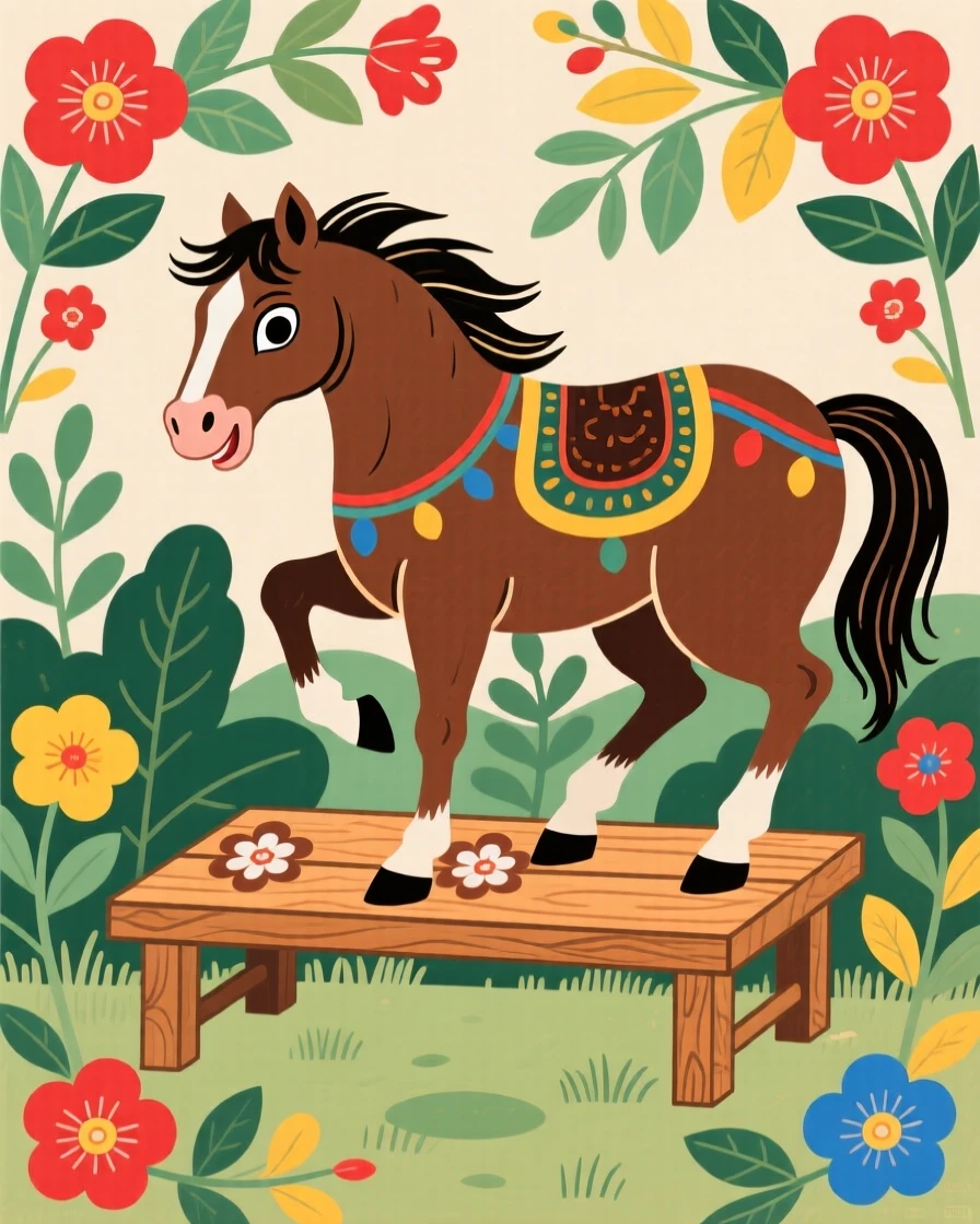 A spirited brown horse peeking out from beneath a garden bench.