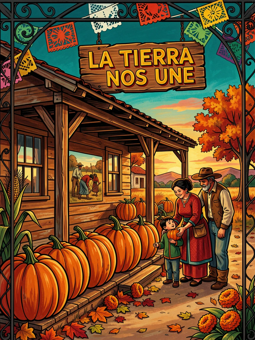 A row of pumpkins lining a farmhouse porch in autumn