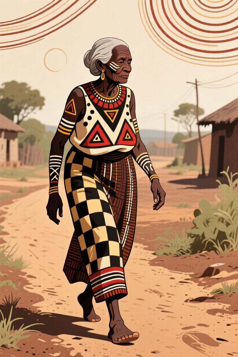 A gentle old woman walking along a dusty village path.