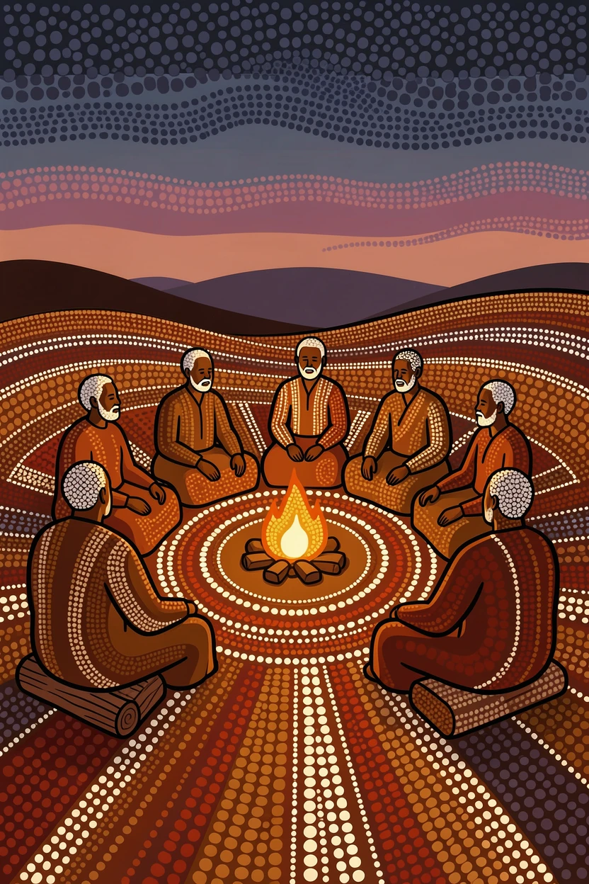Elders sharing stories around a fire at dusk