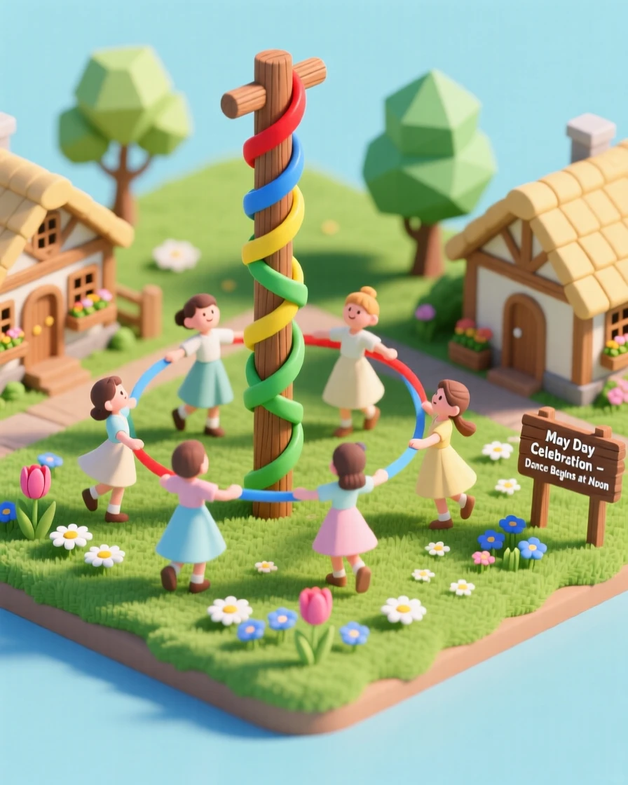 A springtime May Day celebration with a ribbon-wrapped maypole, dancers weaving colorful streamers in a village green.