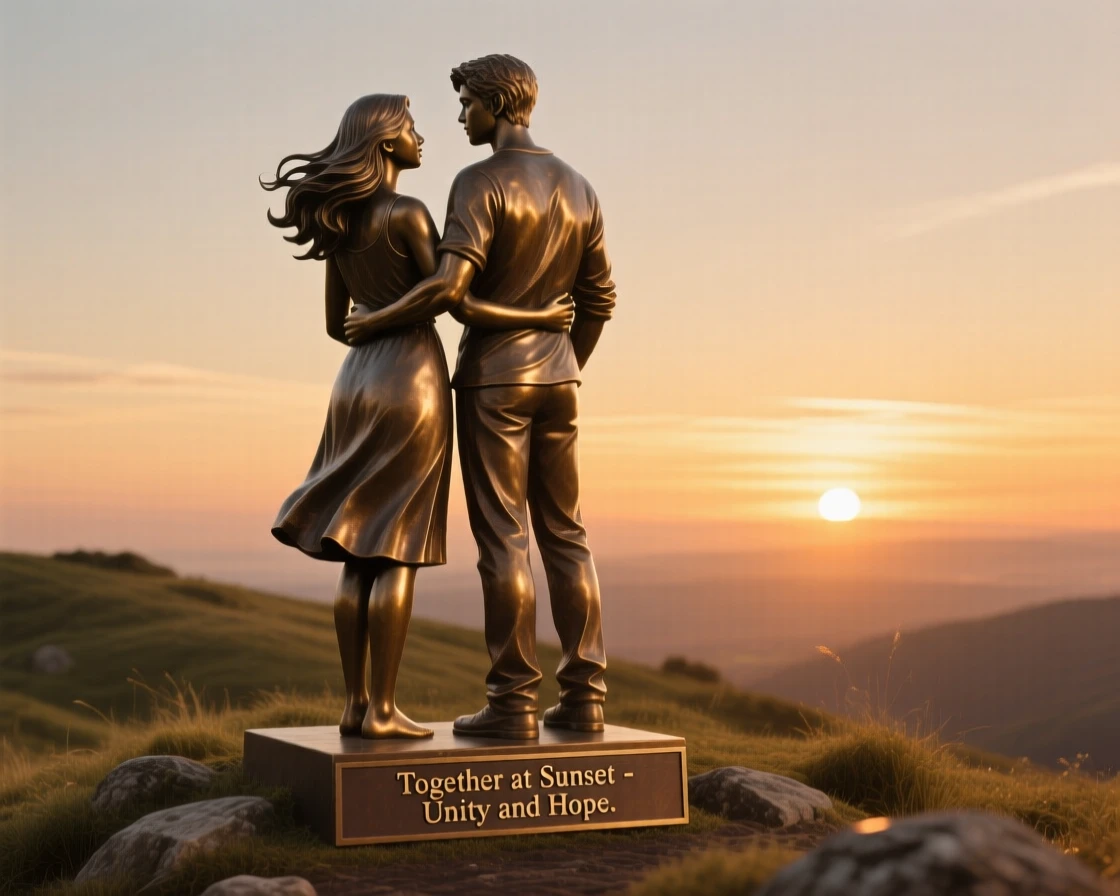 A young couple watching the sunset from a hilltop, framed by soft, dramatic shadows, forming a strong central focal point