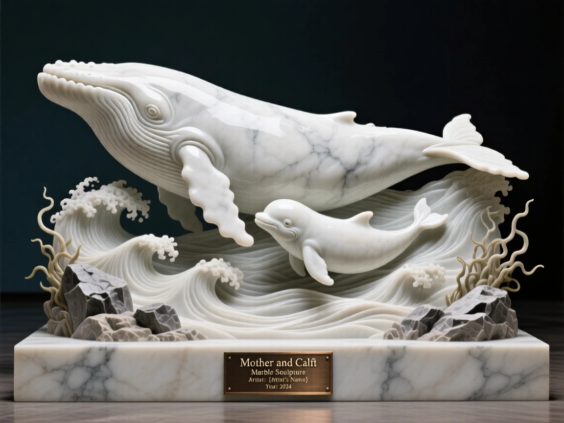 An evocative depiction of a mother whale swimming beside her calf, framed by dramatic natural scenery, balancing detail with emotional depth