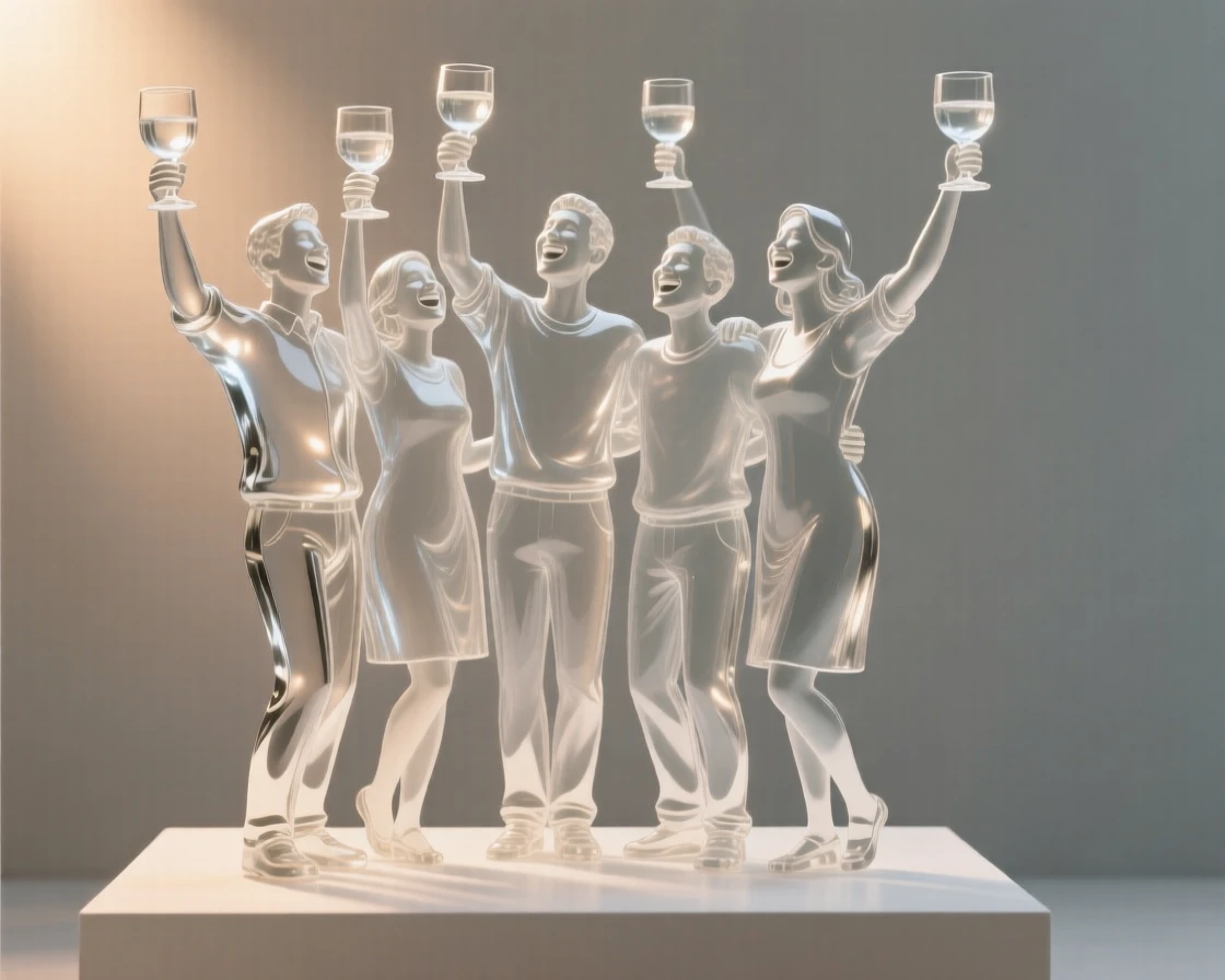 A group of friends toasting together at a celebration, with warm light glowing softly in the background
