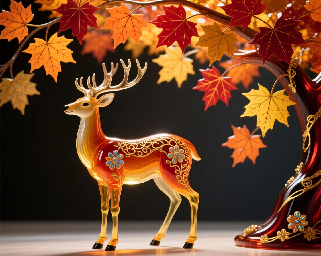 A lone stag standing beneath a blazing autumn canopy of maple leaves, noble and warm.