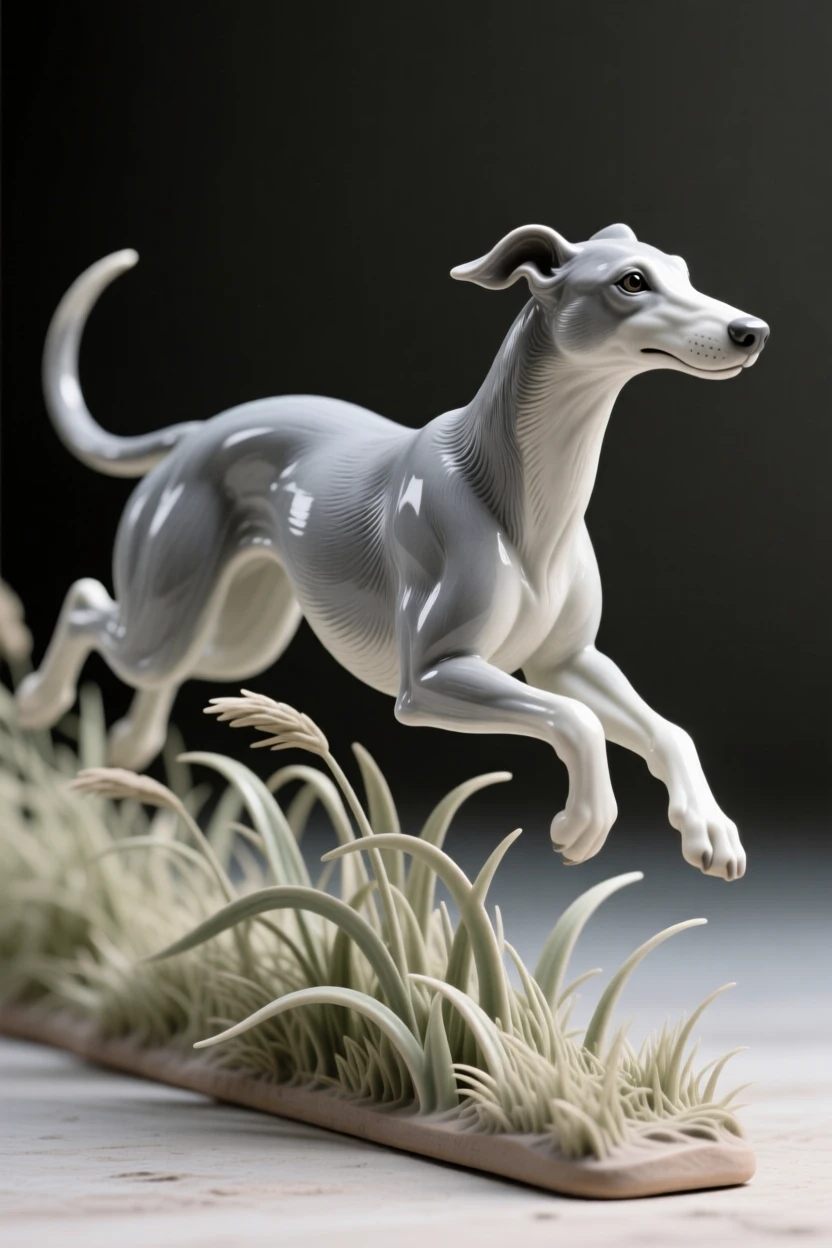 A running greyhound bounding joyfully through tall grass, with a soft breeze lifting its fur, conveying calm strength and quiet pride.