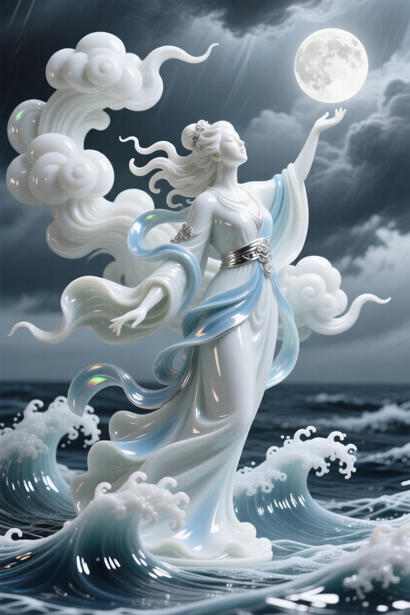 A mythological moment: the goddess of the moon commanding a storm over the ocean, framed by swirling clouds and light.