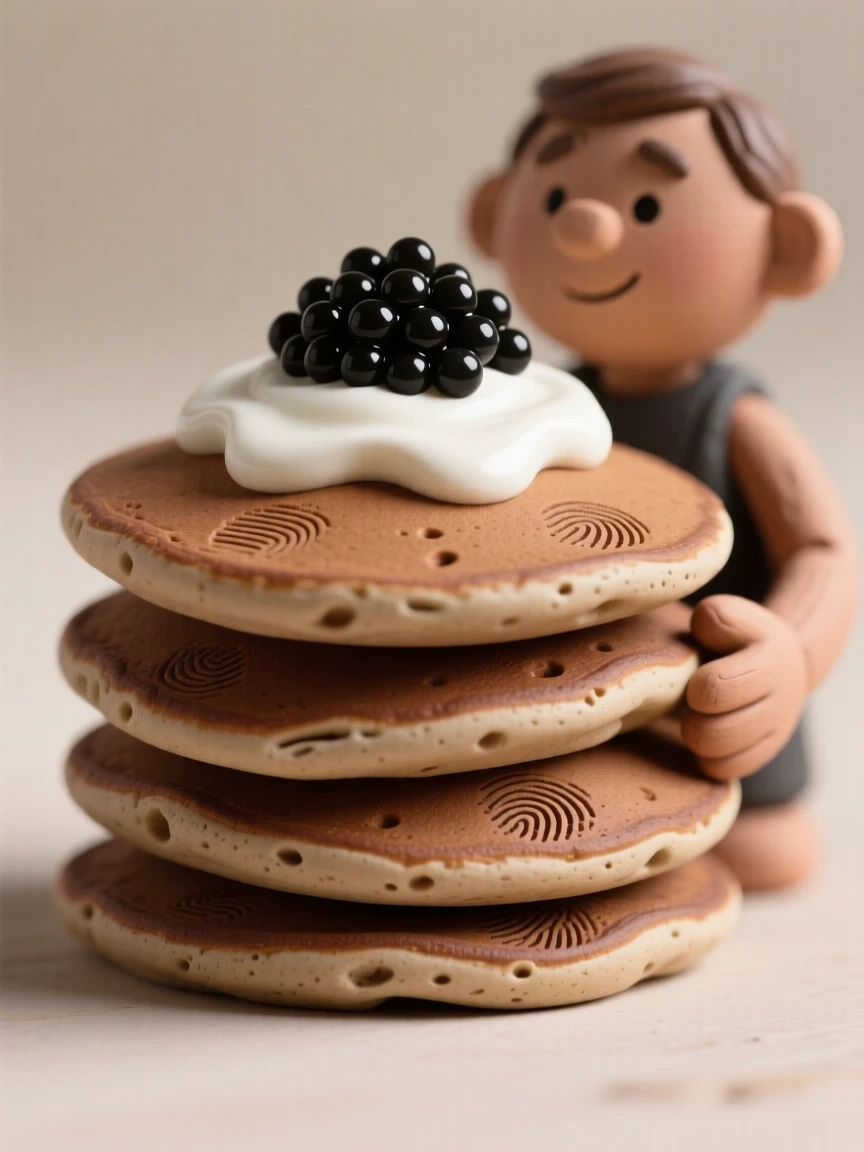 A stack of thin buckwheat pancakes topped with caviar and cream