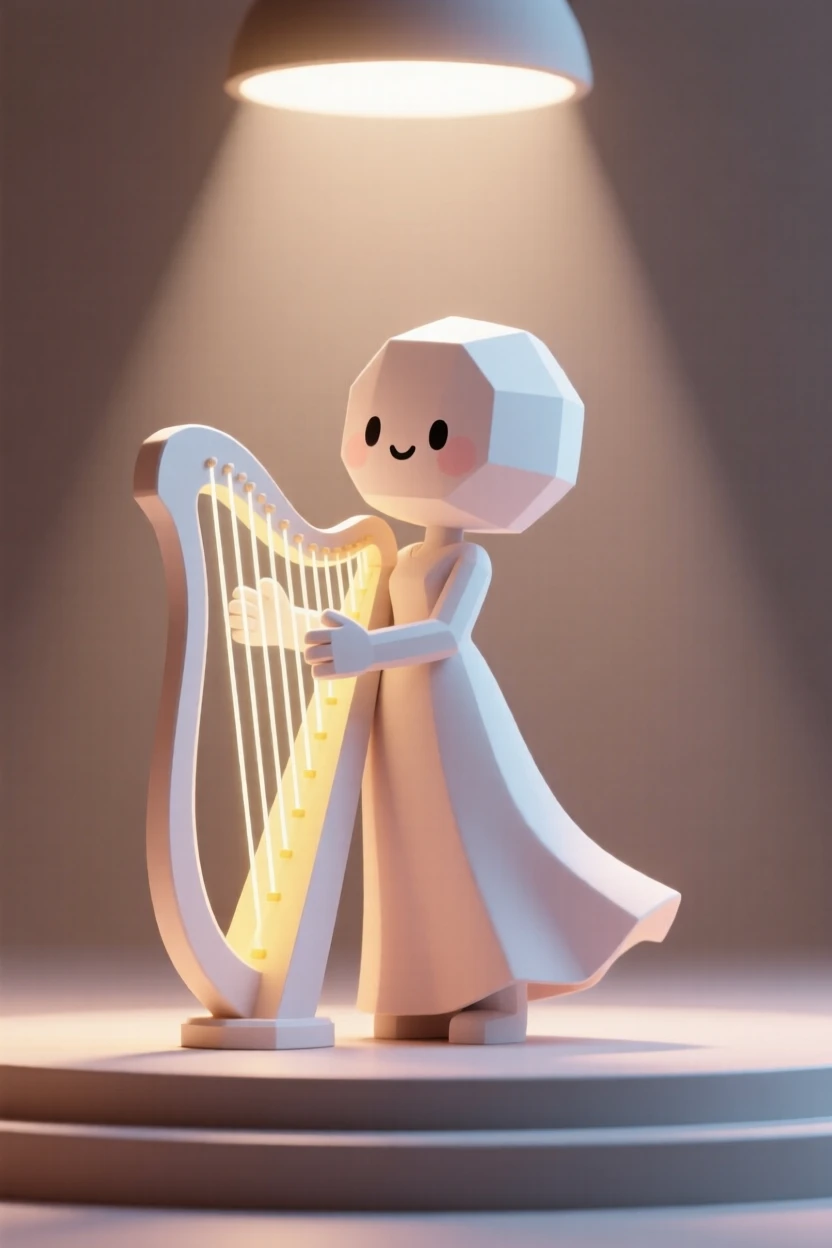 A determined harpist plucks glowing strings on a grand stage, gown flowing beneath soft spotlight.