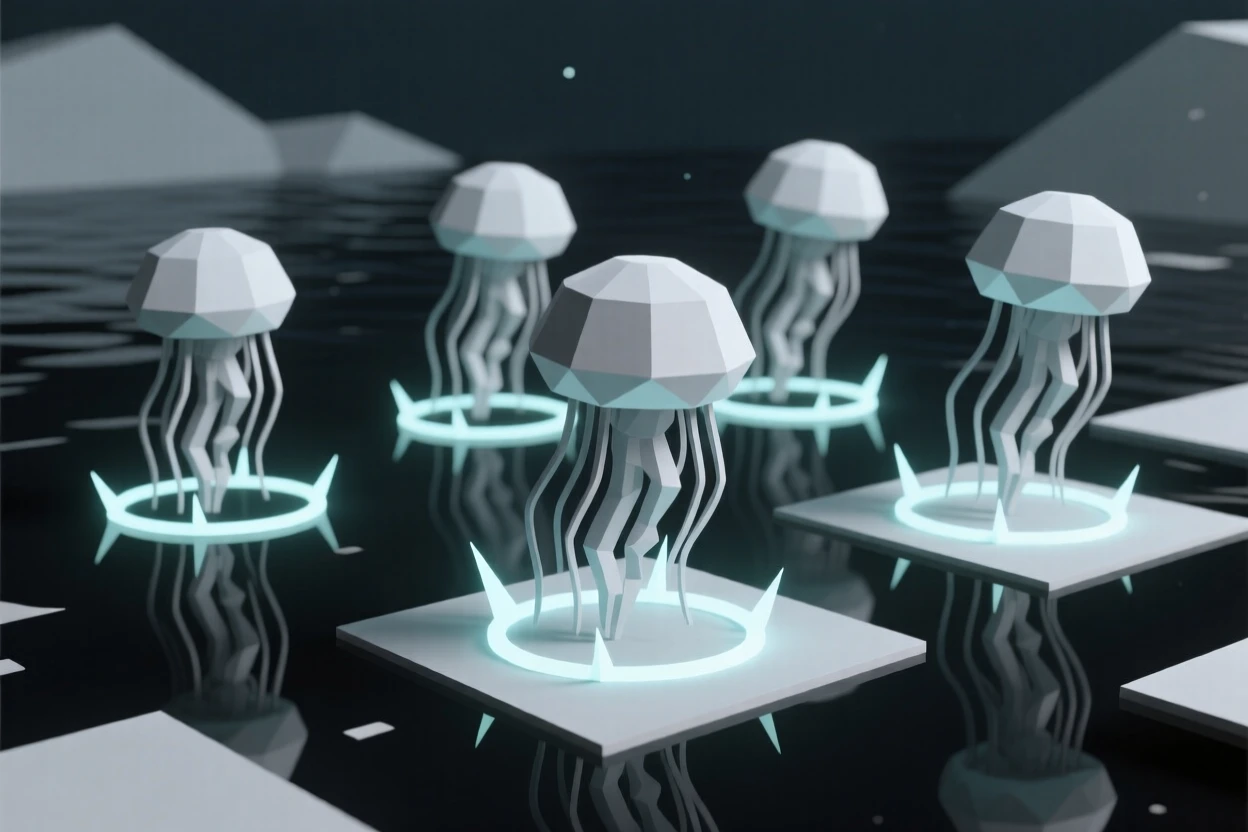 A school of glowing jellyfish drifting in dark water, surrounded by glowing bioluminescent light. reflections and light rays add a layer of visual depth. There is a dreamlike, otherworldly quality to the moment.
