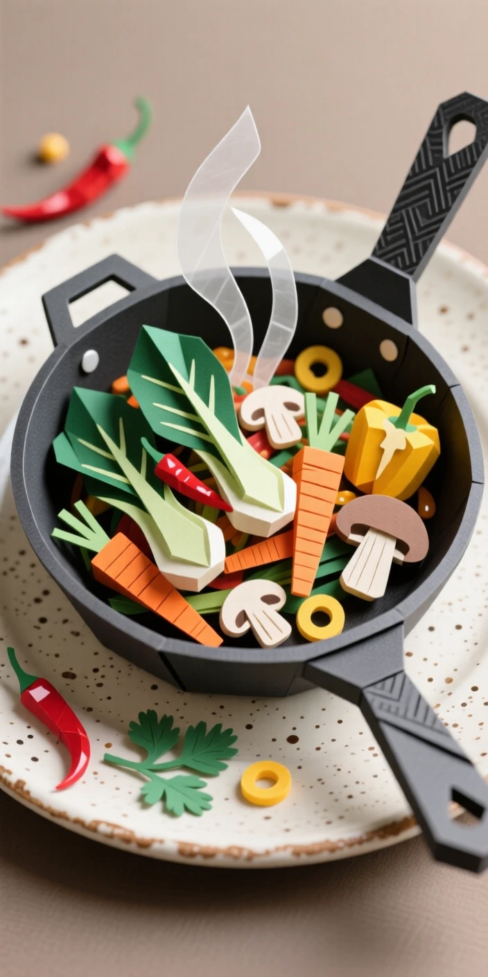 A sizzling skillet of stir-fried vegetables presented on a rustic ceramic plate, with vibrant garnishes adding a pop of color, capturing the artistry of fine cuisine.