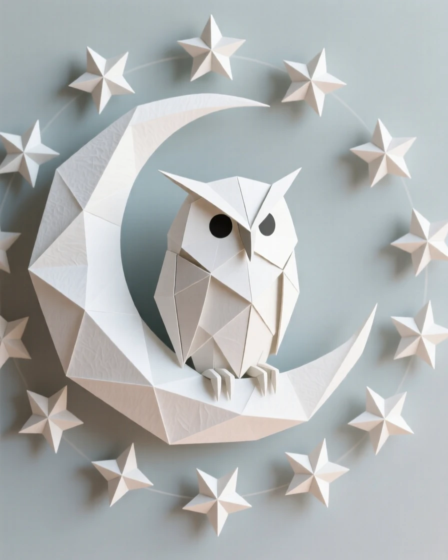 A stylized owl within a crescent moon, surrounded by a ring of small stars.