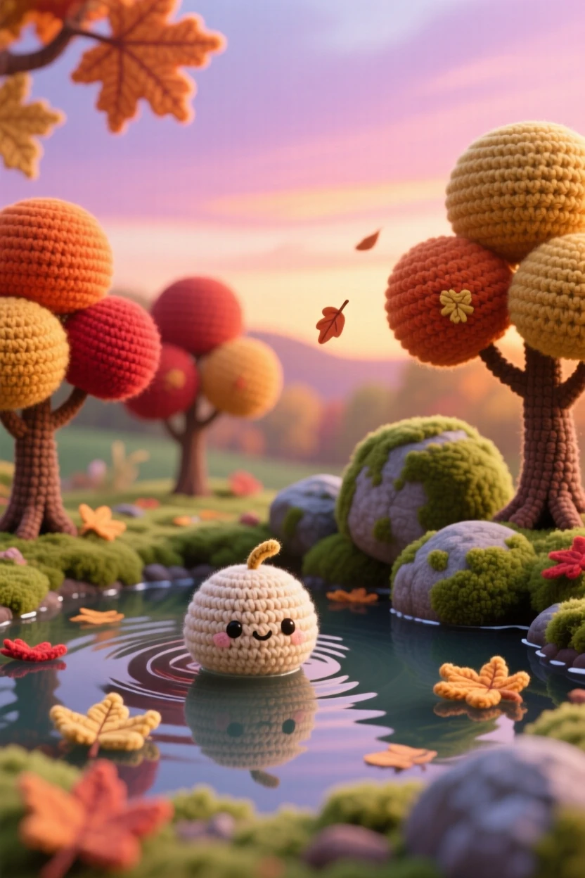 A picturesque scene featuring a small hidden pond ringed by autumn maples, with leaves drifting on the water, glowing softly in the crisp fall light under a sky painted in warm sunset colors, accompanied by a cluster of soft mossy rocks, capturing gentle awe at nature's quiet grandeur.