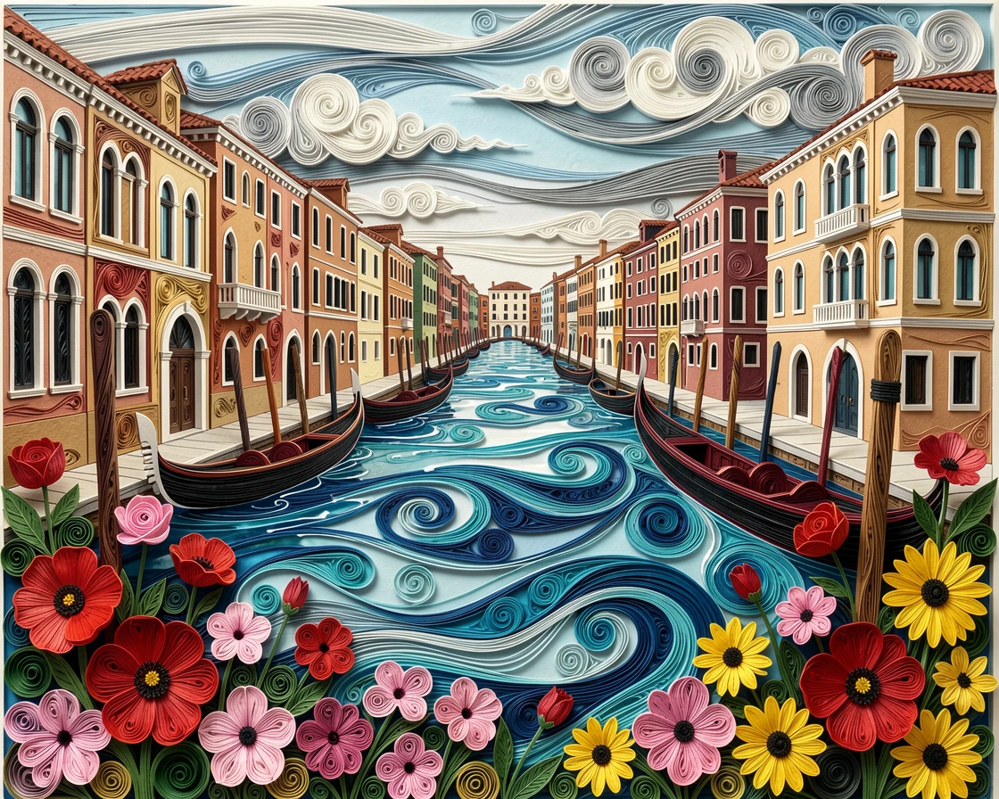 A breathtaking view of Venice's Grand Canal lined with gondolas framed by blooming seasonal flowers in the foreground, with delicate clouds streaked across the horizon, composed with strong leading lines drawing the eye inward.
