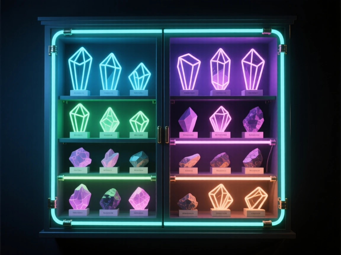 A cabinet filled with rows of labeled mineral specimens.