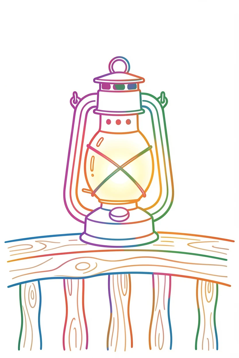 A single vintage lantern glowing warmly on a rustic wooden porch railing.