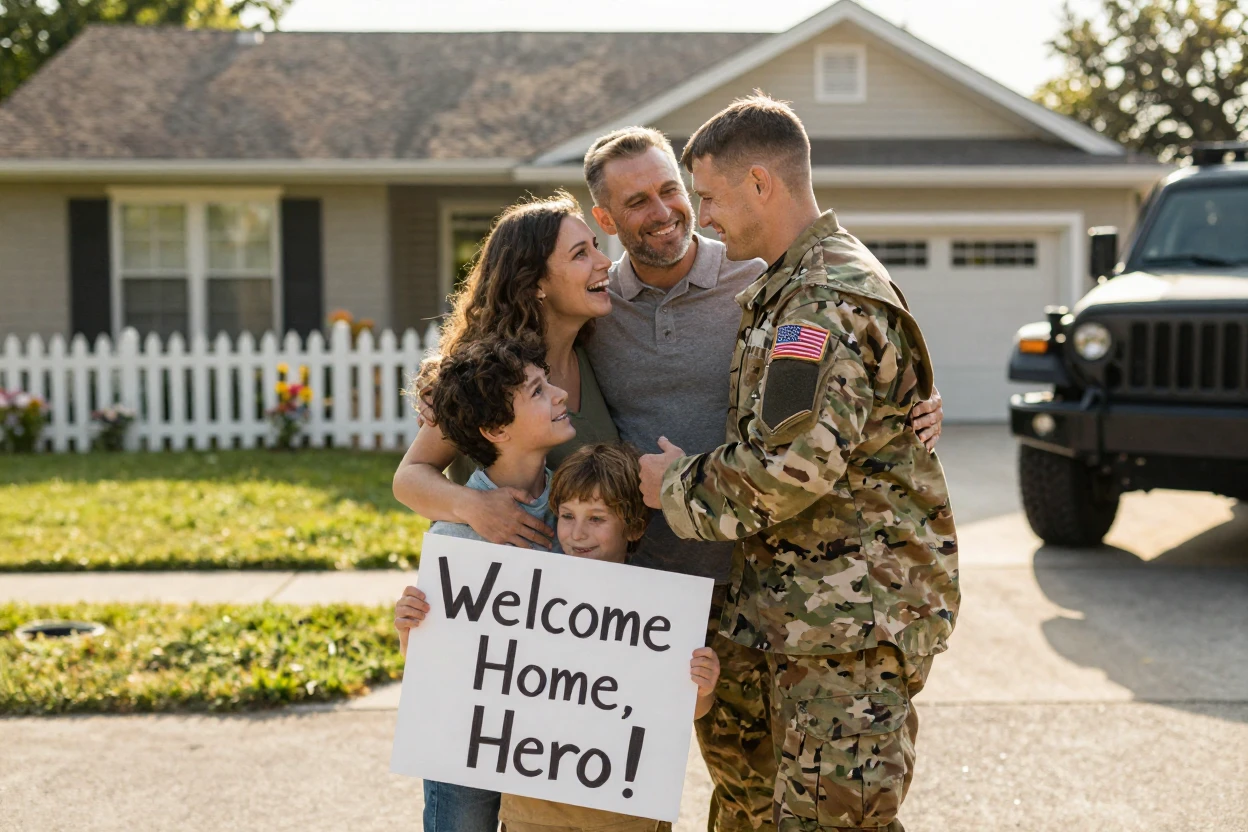 A soldier reuniting with family after deployment