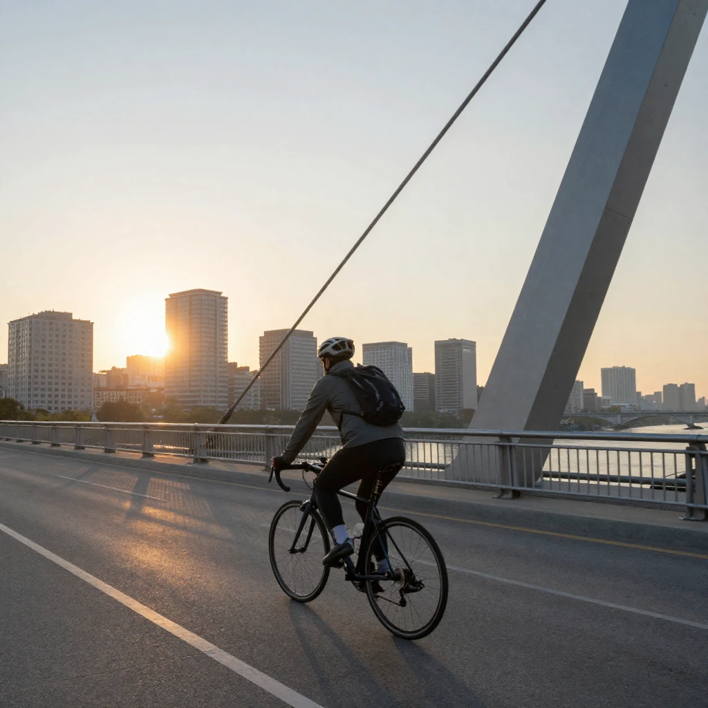 A cyclist commutes across a long bridge as the sun rises behind the skyline.