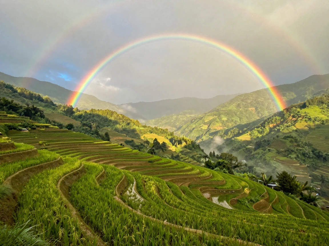 A tranquil rice terrace carved into a mountainside beneath a rare and vivid double rainbow