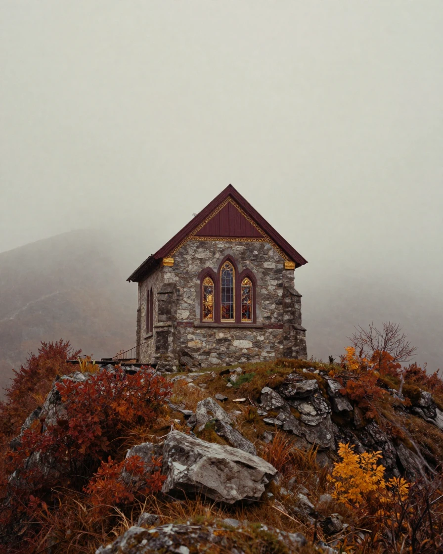 A stone chapel perched alone on a windswept mountain ridge, in gentle diffused daylight, under a light drizzle, in late autumn, with rich burgundy and gold accents, at eye level, intimate and direct.