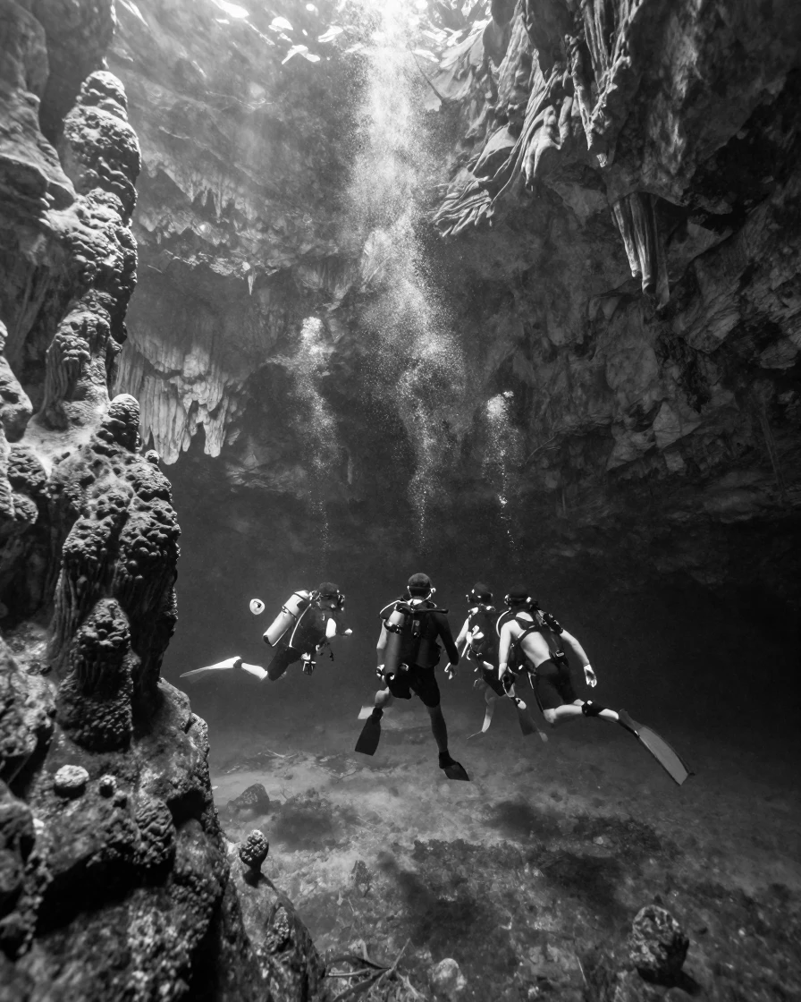 A team of divers explores a flooded limestone sinkhole deep within a cenote.