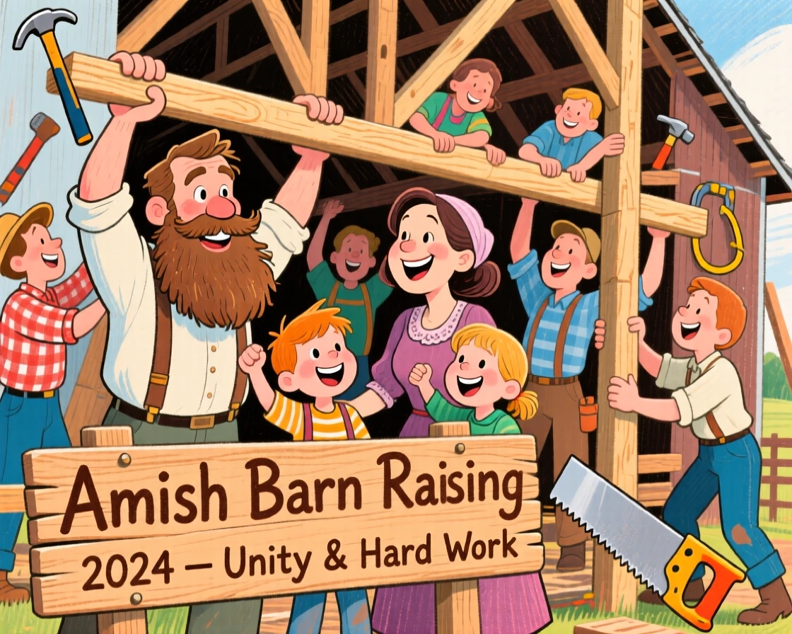 A family celebrating a traditional Amish barn raising, community working together.