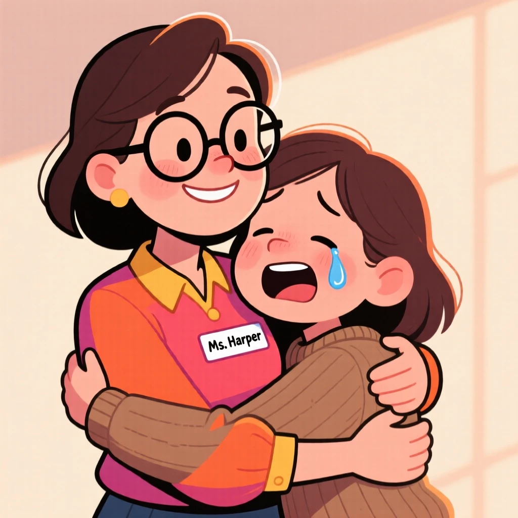 A heartwarming moment depicting a devoted teacher comforting a loved one with a warm hug, with a single joyful tear rolling down a cheek.