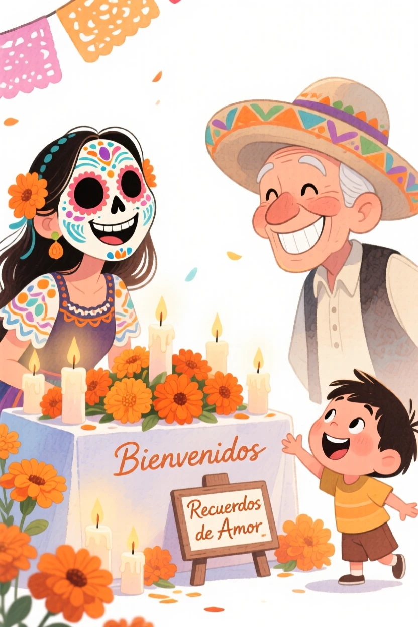 A joyful celebration scene of a Day of the Dead altar decorated with marigolds and candles, filled with warmth and laughter