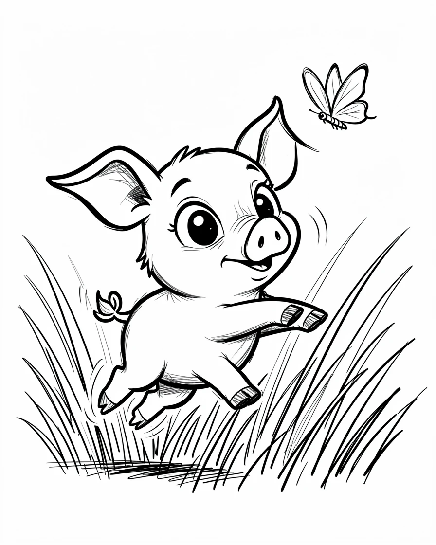 [Cute Animals & Pets] Adorable scene of a curious piglet chasing a butterfly through grass, bursting with charm and playful energy