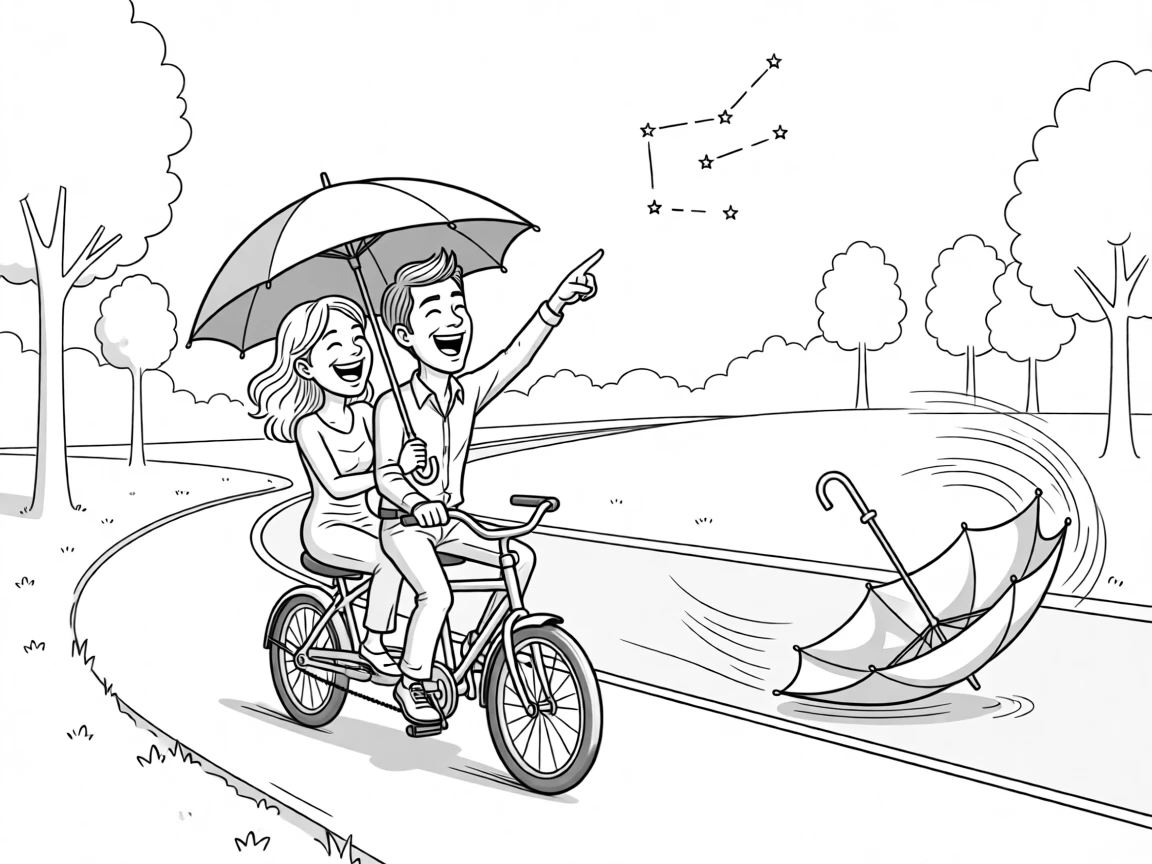 Two people caught mid-laugh under a shared umbrella, pointing up at the same constellation at the same time, set on a wobbly tandem bicycle down a park path. A dropped umbrella tumbles away down the street. The scene feels like a love story told through small moments.