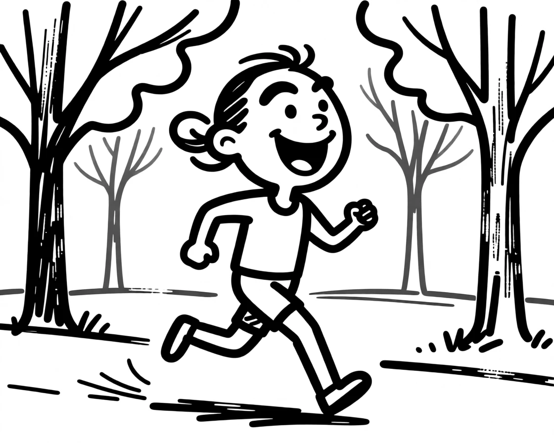 A runner enjoying a peaceful morning jog through a quiet, tree-lined park.