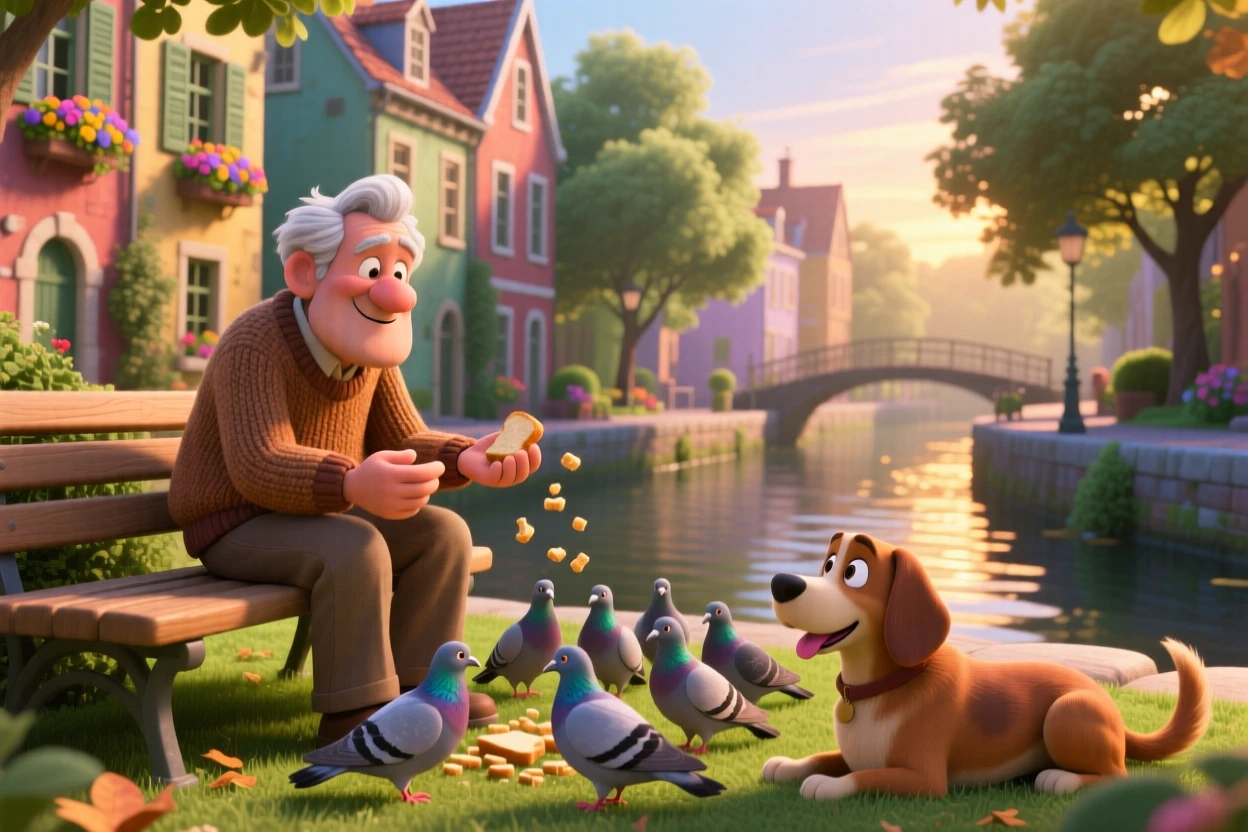 An elderly man feeding pigeons in a park is captured along a canal lined with narrow houses, with a friendly dog resting nearby. The mood is calm, familiar, and quietly delightful.