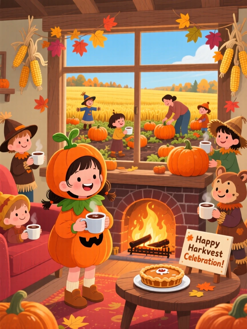 In a cozy living room by the fire, a little girl in a costume celebrate together by harvesting pumpkins in a golden autumn field, while warm cocoa steams in every hand.