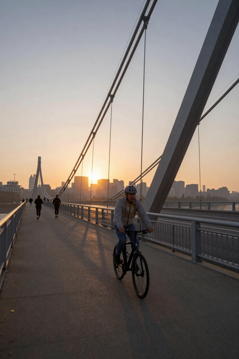 A cyclist commutes across a long bridge as the sun rises behind the skyline.