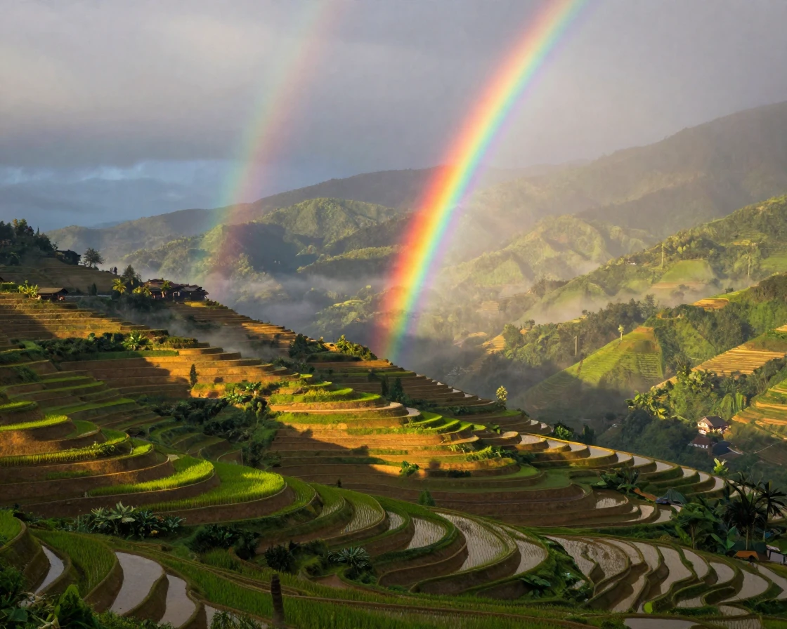 A tranquil rice terrace carved into a mountainside beneath a rare and vivid double rainbow