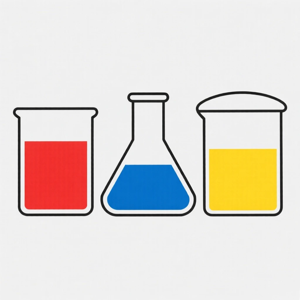 A chemistry set with beakers of colored liquid