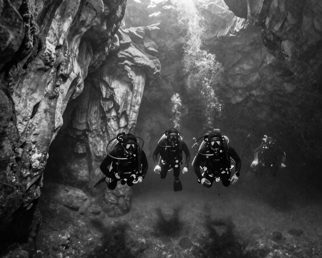 A team of divers explores a flooded limestone sinkhole deep within a cenote.