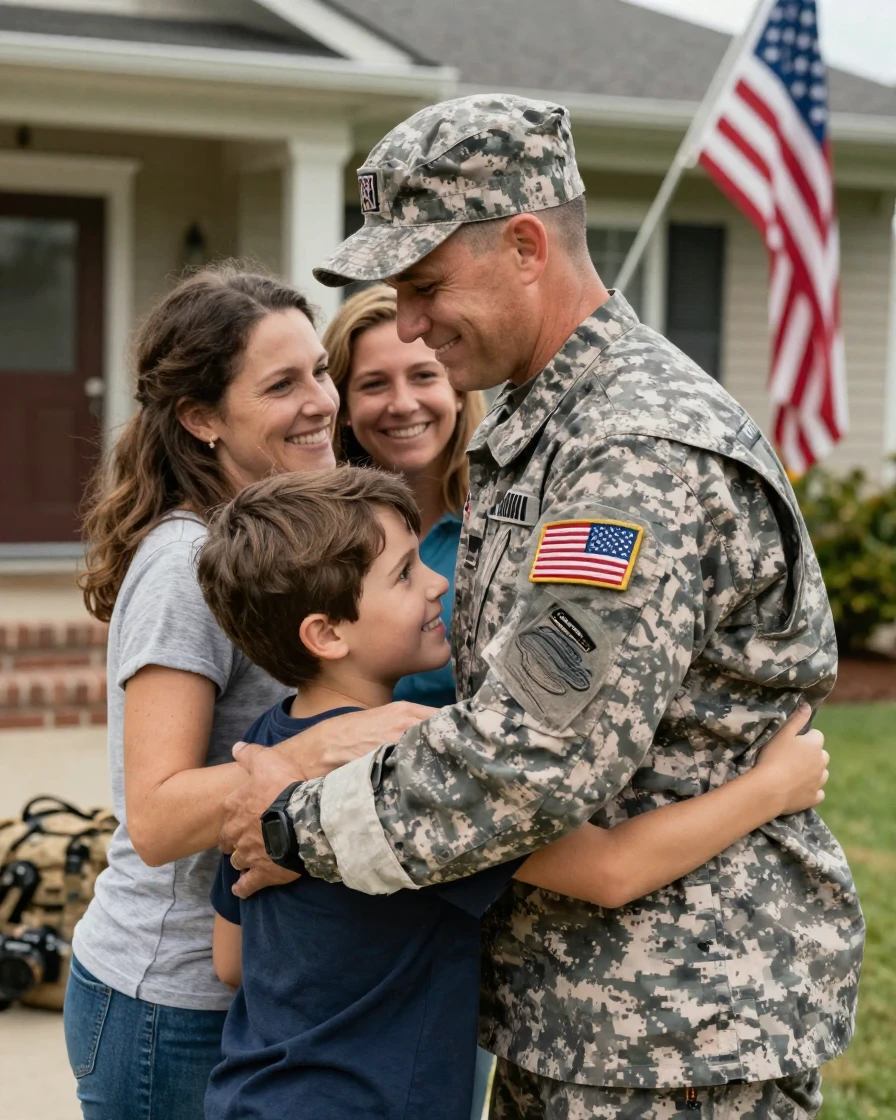 A soldier reuniting with family after deployment