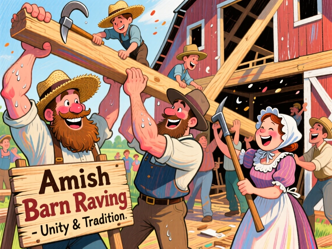 A family celebrating a traditional Amish barn raising, community working together.