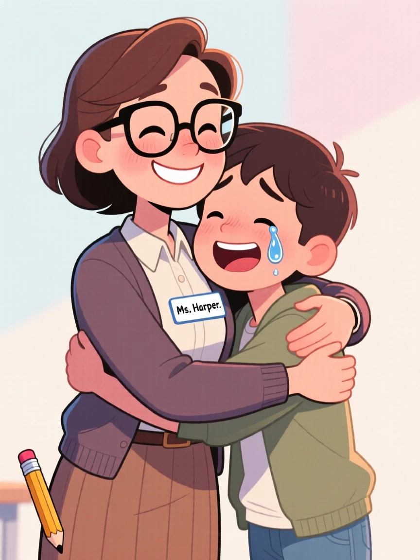 A heartwarming moment depicting a devoted teacher comforting a loved one with a warm hug, with a single joyful tear rolling down a cheek.