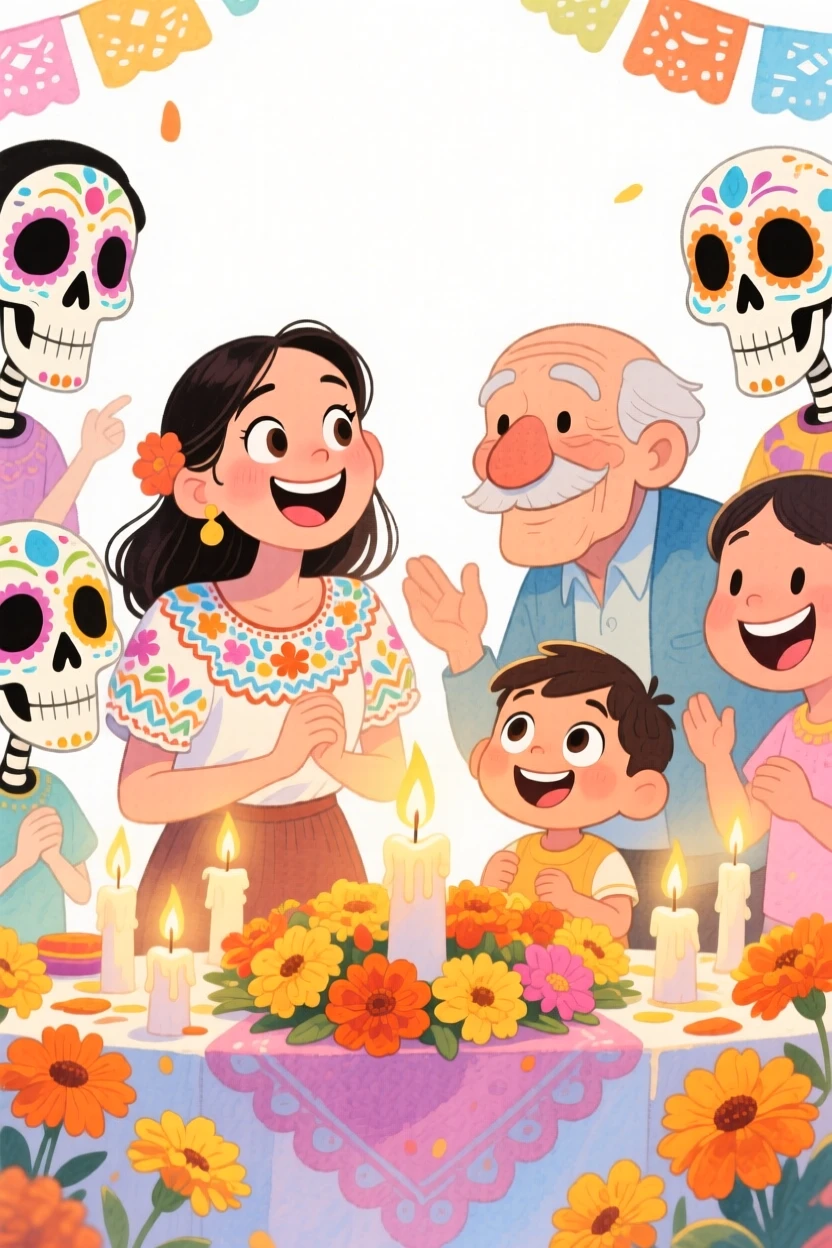 A joyful celebration scene of a Day of the Dead altar decorated with marigolds and candles, filled with warmth and laughter