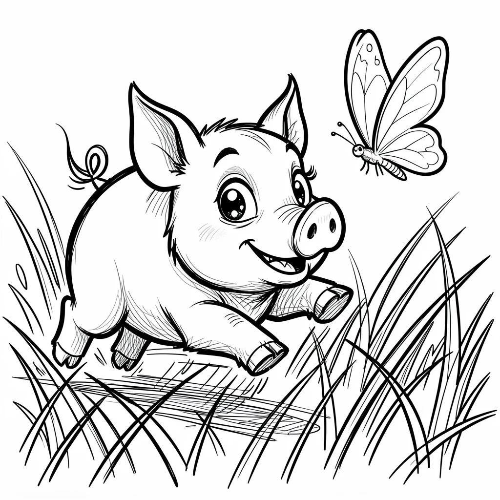 [Cute Animals & Pets] Adorable scene of a curious piglet chasing a butterfly through grass, bursting with charm and playful energy