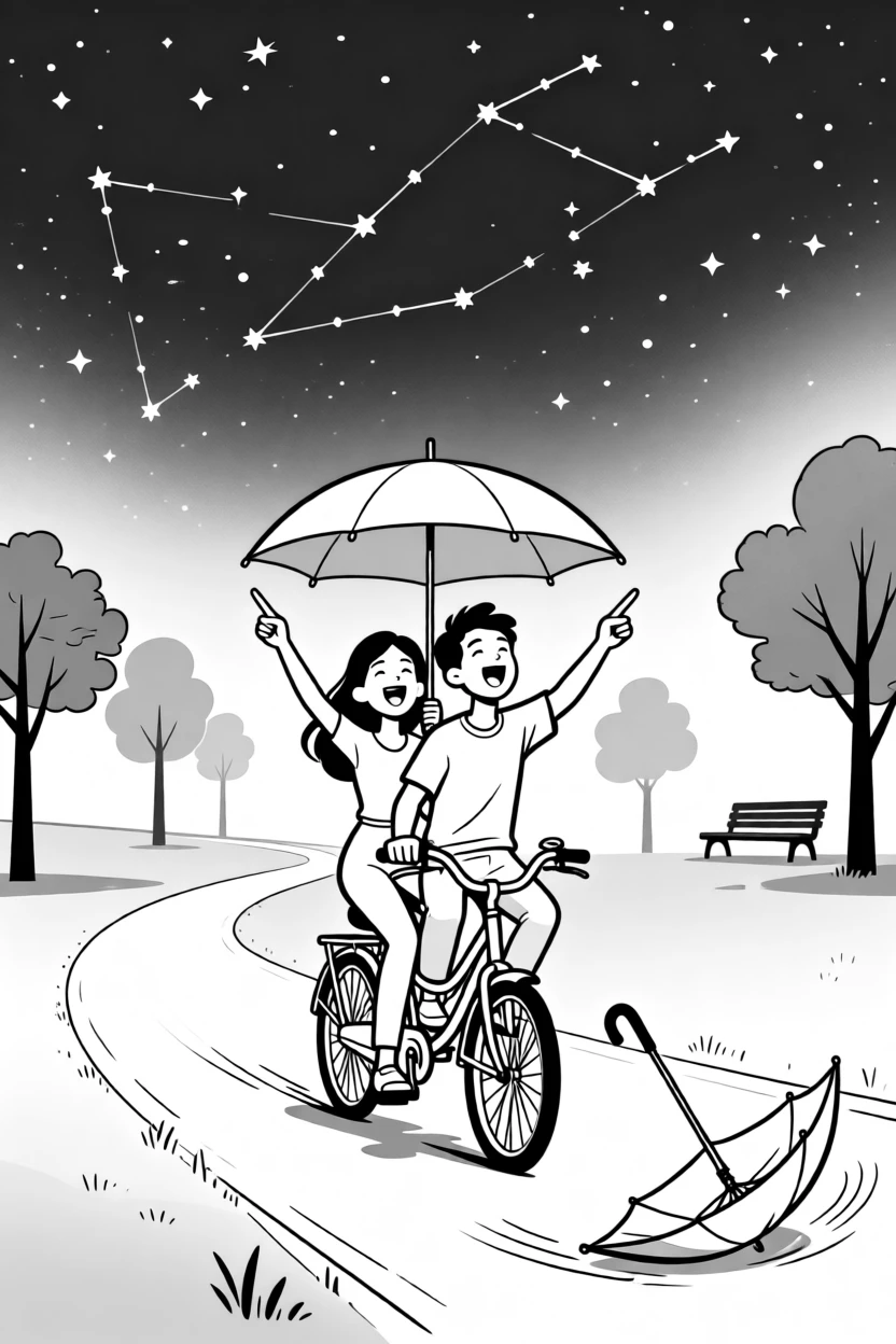 Two people caught mid-laugh under a shared umbrella, pointing up at the same constellation at the same time, set on a wobbly tandem bicycle down a park path. A dropped umbrella tumbles away down the street. The scene feels like a love story told through small moments.