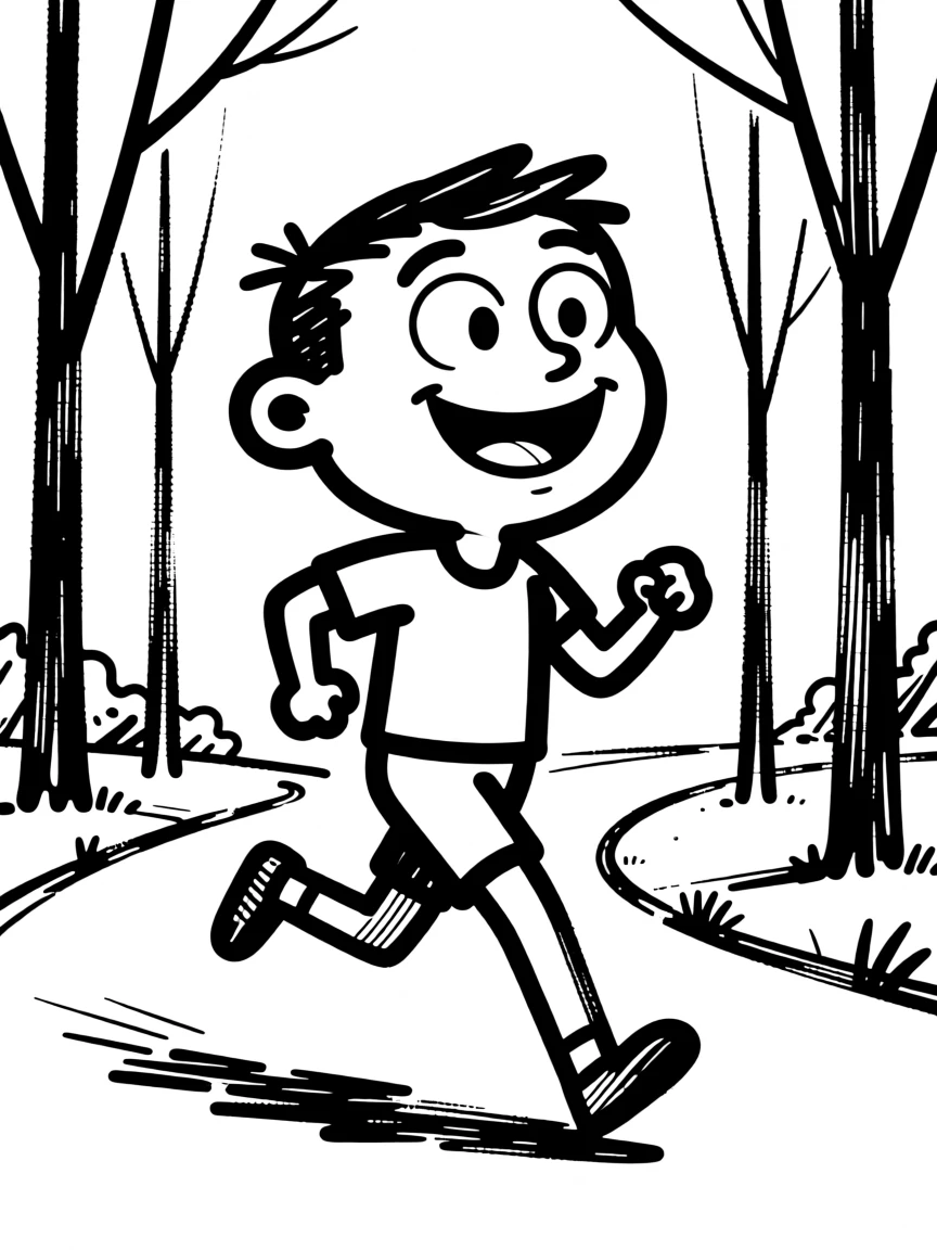 A runner enjoying a peaceful morning jog through a quiet, tree-lined park.