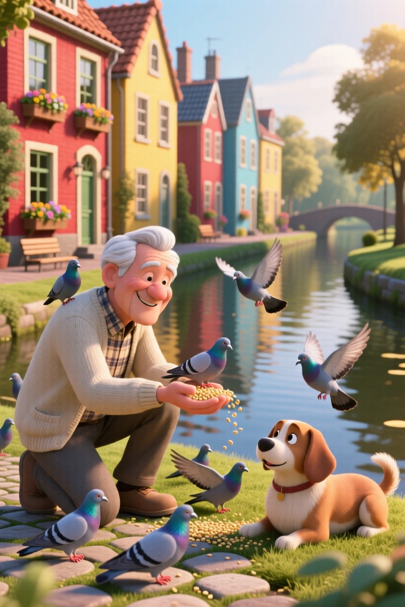 An elderly man feeding pigeons in a park is captured along a canal lined with narrow houses, with a friendly dog resting nearby. The mood is calm, familiar, and quietly delightful.